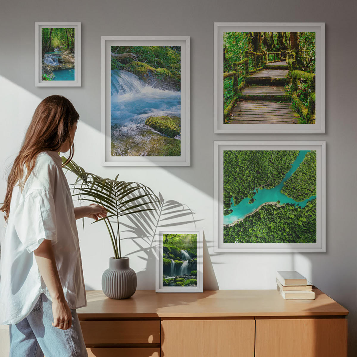 WANDBILDER 5er-Set - 50x50 cm & 20x30 cm & 40x60 cm Weißer Rahmen - Grüne Berge, Flussfelsen - Weiß, Kunststoff (40/60cm) - ArtPrintCave