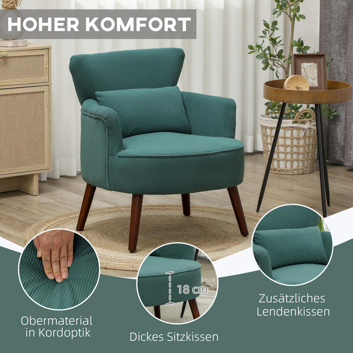SESSEL mit Rückenlehne, abgerundeten Armlehnen Gepolstert Loungesessel Kordoptik - Dunkelgrün, Textil (69/78/69.5cm) - HOMCOM