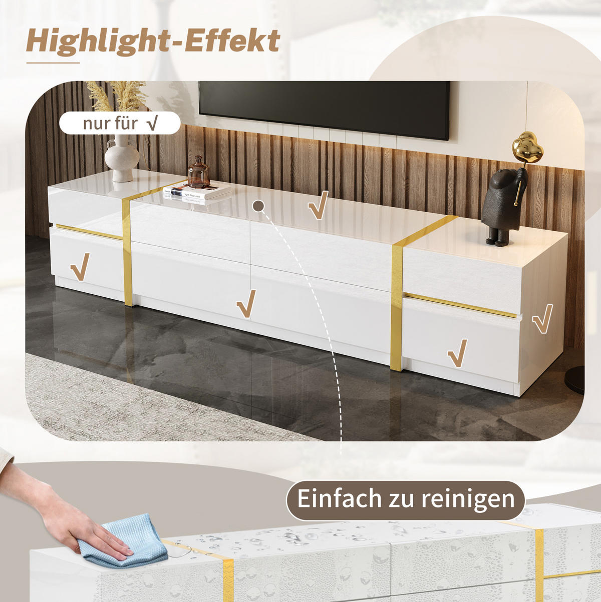 TV-SCHRANK aus MDF und Spanplatte 180x40x38 cm Weiß mit 4 Schubladen und 2 Türen, Hochglanzdesign - Weiß, Holzwerkstoff (180/38/40cm) - Modfu