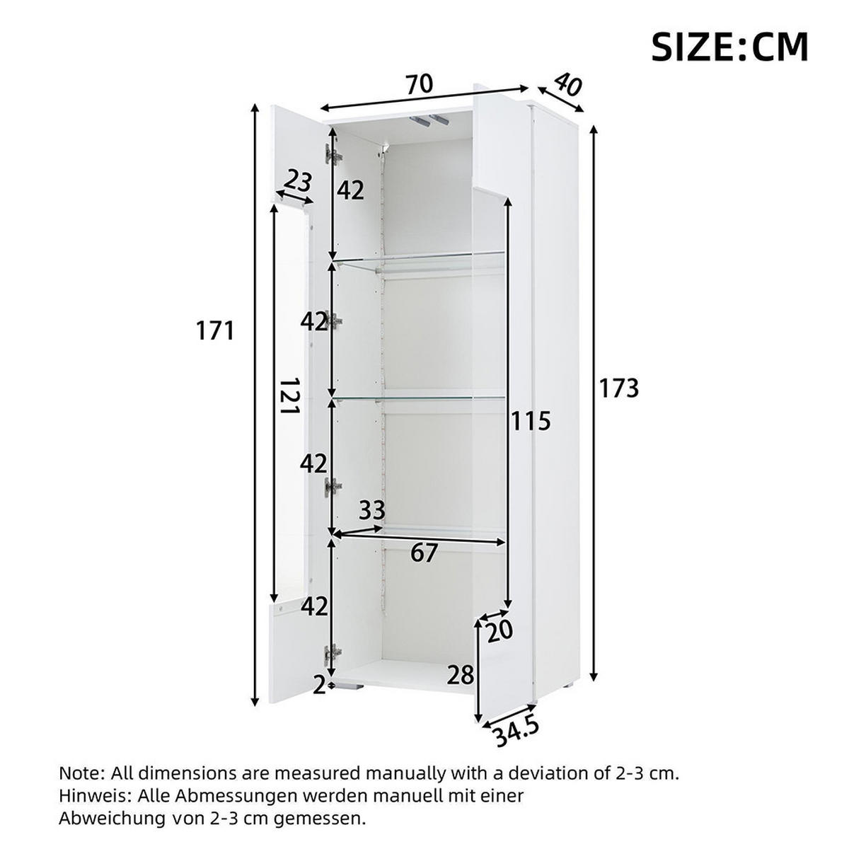 VITRINE 70x40x173cm in Weiß - Weiß, Holzwerkstoff (40/173/70cm) - KOMHTOM