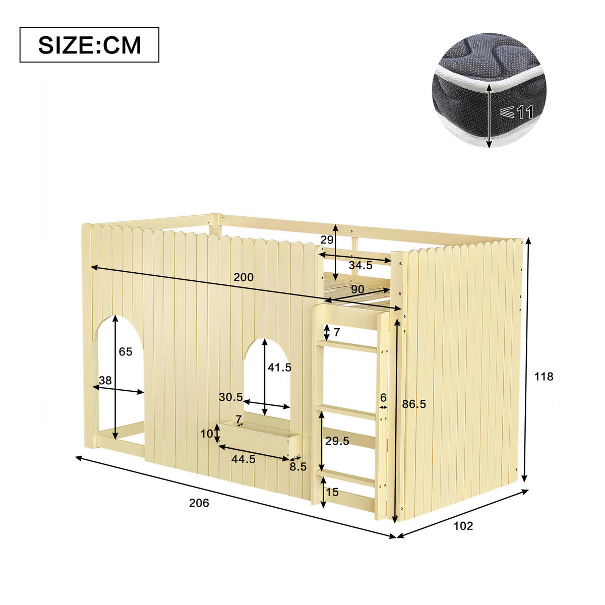 HOCHBETT 90/200 cm in Natur aus Kiefer und MDF mit LED, Leiter und Stauraum - Naturfarben, Holz/Holzwerkstoff (90/200cm) - WISHDOR