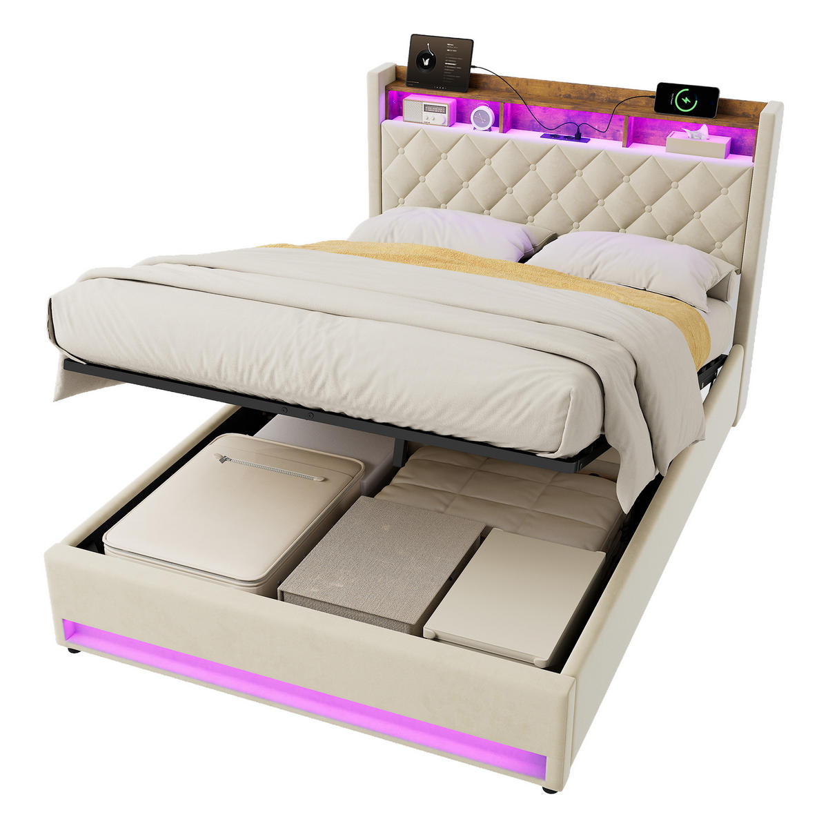 POLSTERBETT 140/200 cm in Beige Samt mit Bettkasten, LED-Beleuchtung und USB-Anschluss - Beige, Holzwerkstoff/Textil (140/200cm) - CHICFURN