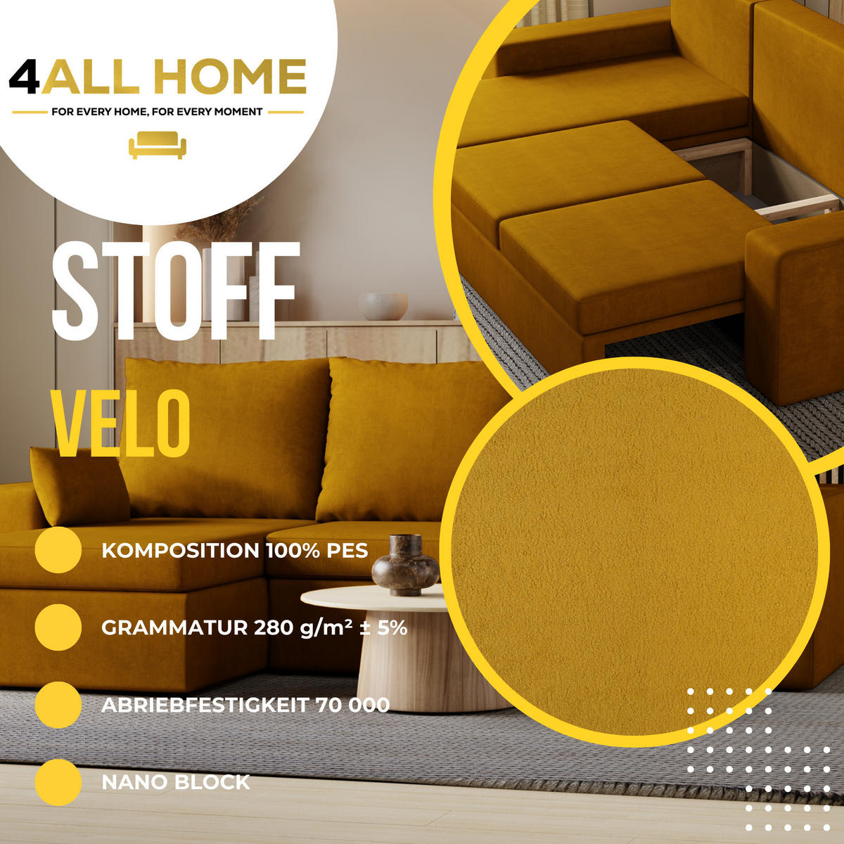 ECKSOFA Paco mit Bettkasten und Schlaffunktion, L-Form/XL-Form, Velourstoff, Universal - Currygelb, Holzwerkstoff (246/145cm) - 4ALL HOME