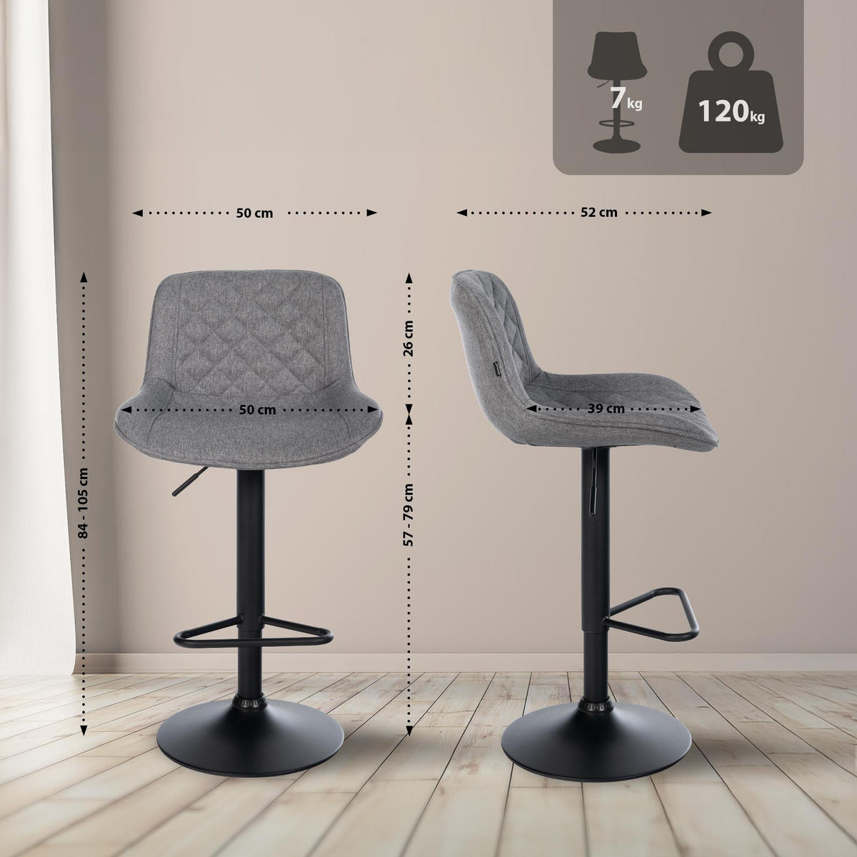 BARHOCKER Kasson 84x50x52 cm dunkelgrau - Dunkelgrau, Metall (50/84/52cm) - furnicato