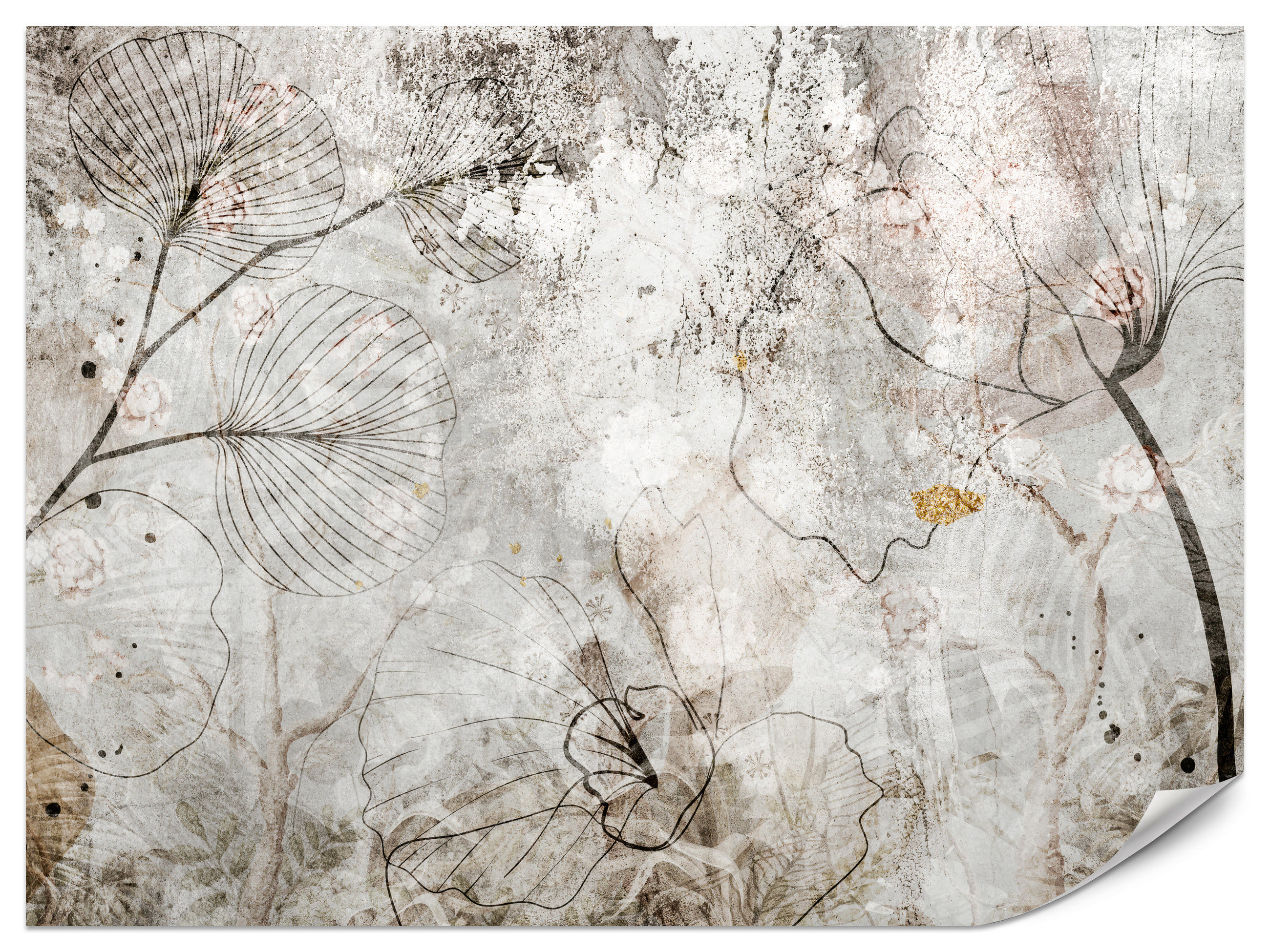 FOTOTAPETE für Wohnzimmer Vintage Blätter Blumen Beton Abstrakt 450x315 - Gelb/Orange, Papier (450/315cm) - Muralo