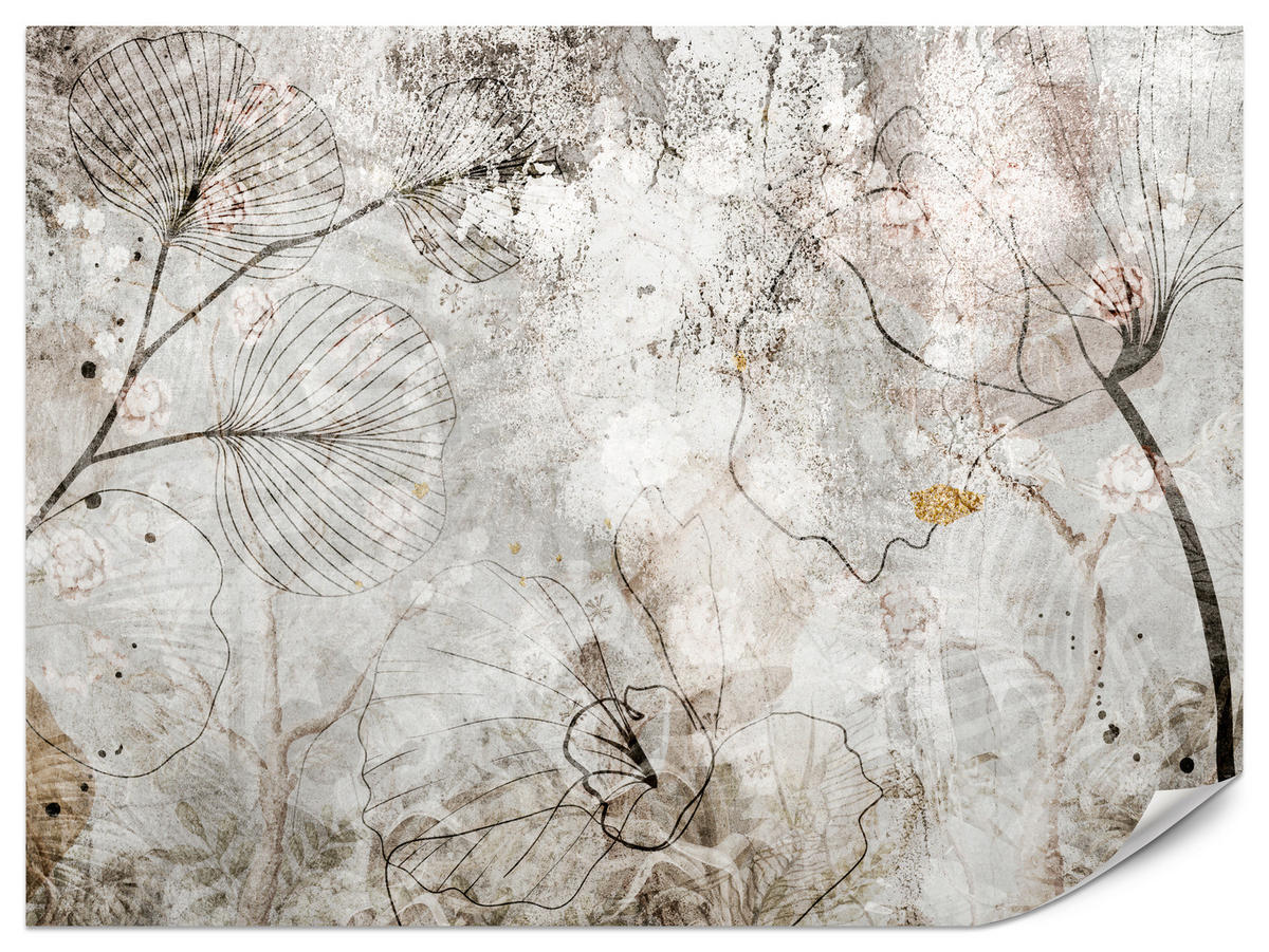 FOTOTAPETE für Wohnzimmer Vintage Blätter Blumen Beton Abstrakt 450x315 - Gelb/Orange, Papier (450/315cm) - Muralo
