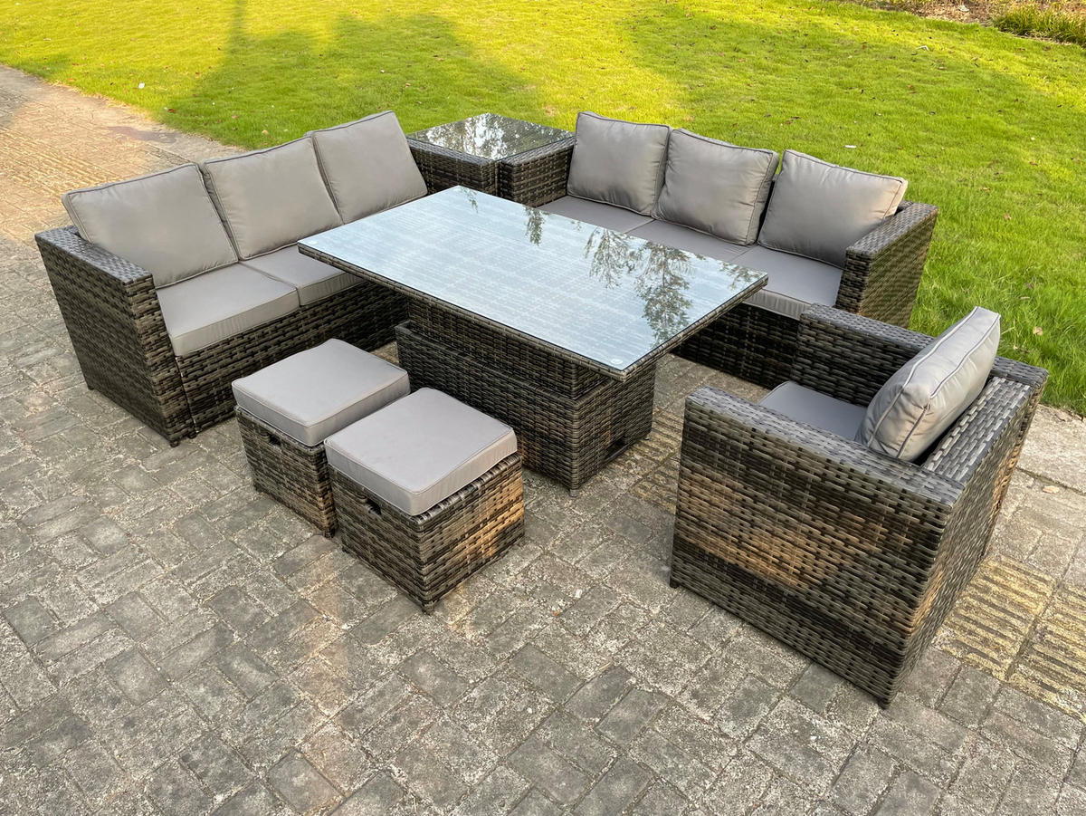 GARTENTISCHGRUPPE Polyrattan 9-Sitzer - Dunkelgrau/Grau, Glas/Kunststoff - Fimous