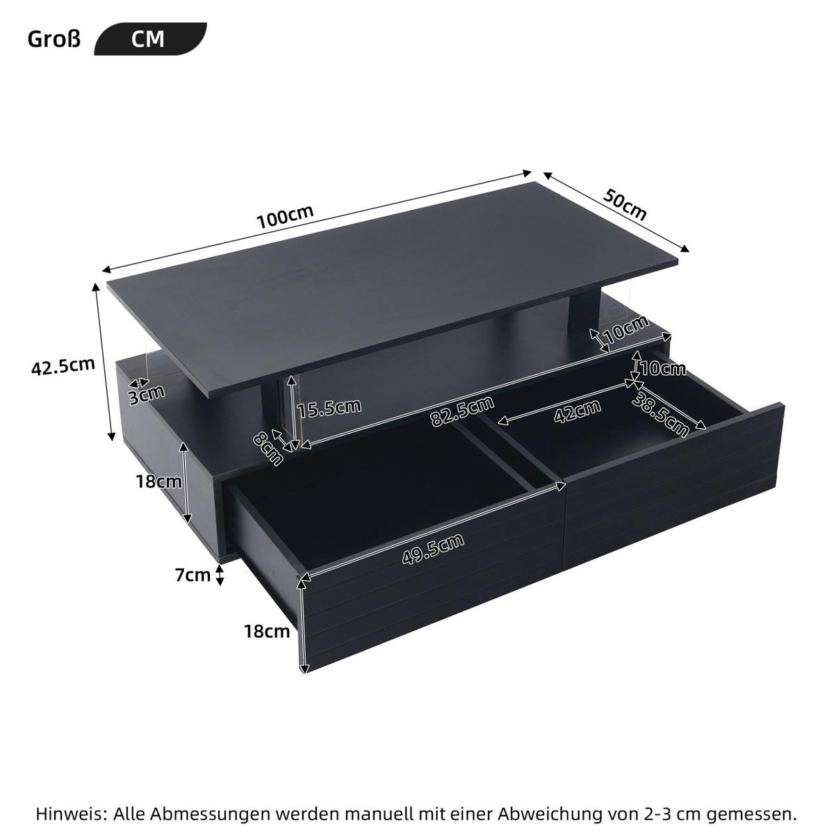 LED-COUCHTISCH aus Acryl 100x50x42 cm Schwarz mit App-Steuerung, Schubladen und Stauraum - Schwarz, Holzwerkstoff (100/50/42.5cm) - IVMEU