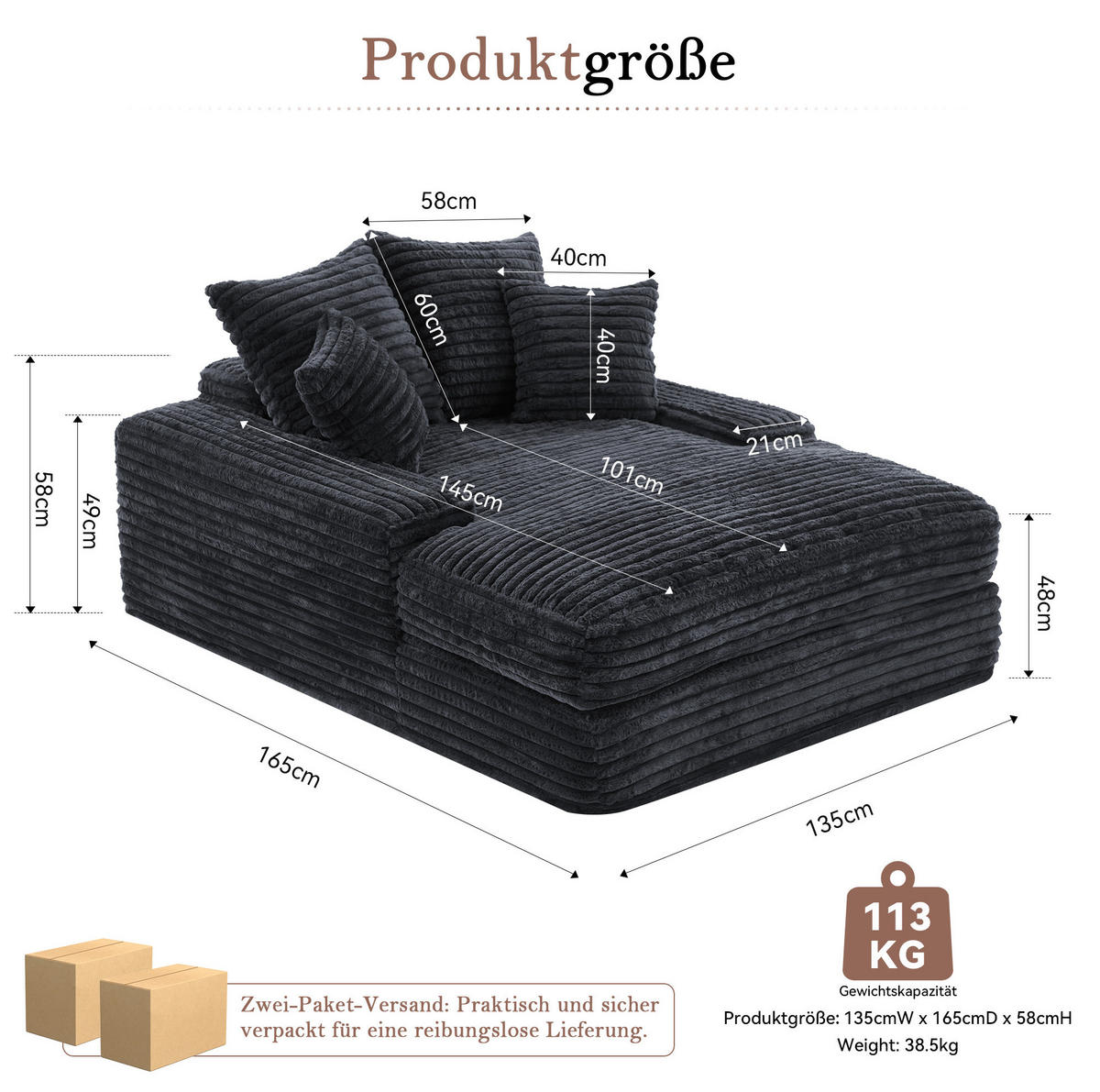 CHAISELONGUE Cordstoff 135 x 165 cm Grau mit 4 Kissen - Grau, Kunststoff (135/58/165cm) - Beauniv