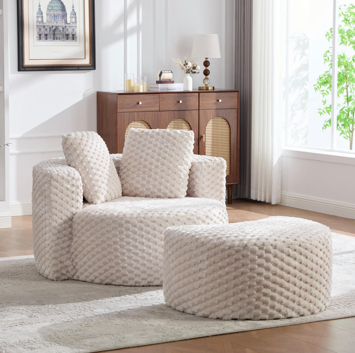 SESSEL 129/116/65 cm mit Hocker, 360°-Fassdesign und weichem Kunstfellbezug, Beige - Beige, Textil (116/65/129cm) - Redom