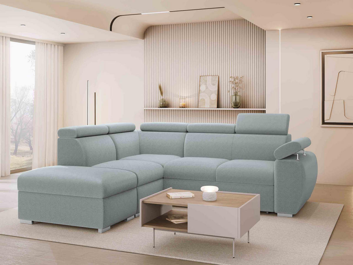 ECKSOFA Boston 2RR1P, Seite: Links PUFAP+R+1P(65)+2R - Silberfarben/Hellgrau, Holz/Textil (260/230cm) - MIRJAN24