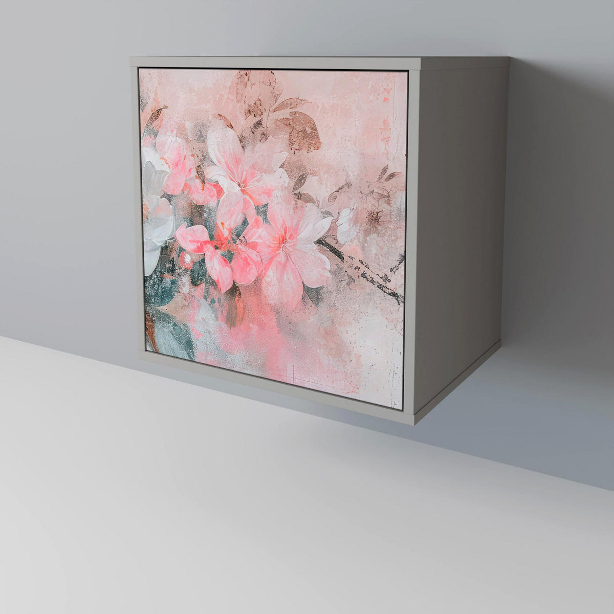 SIDEBOARD CHERRY BLOSSOM, Grau, 57,5x42x72,5 cm, Schwarze Metallfüße - Multicolor/Schwarz, Holzwerkstoff/Metall (57.5/72.5/42cm) - SpaceRebels