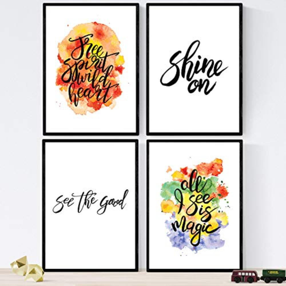 POSTER Set mit 4 Nachrichten glücklich und bunt ‚Twinkle‘ A3 Schwarzer Rahmen - Schwarz, Papier (29.7/3cm) - Nacnic