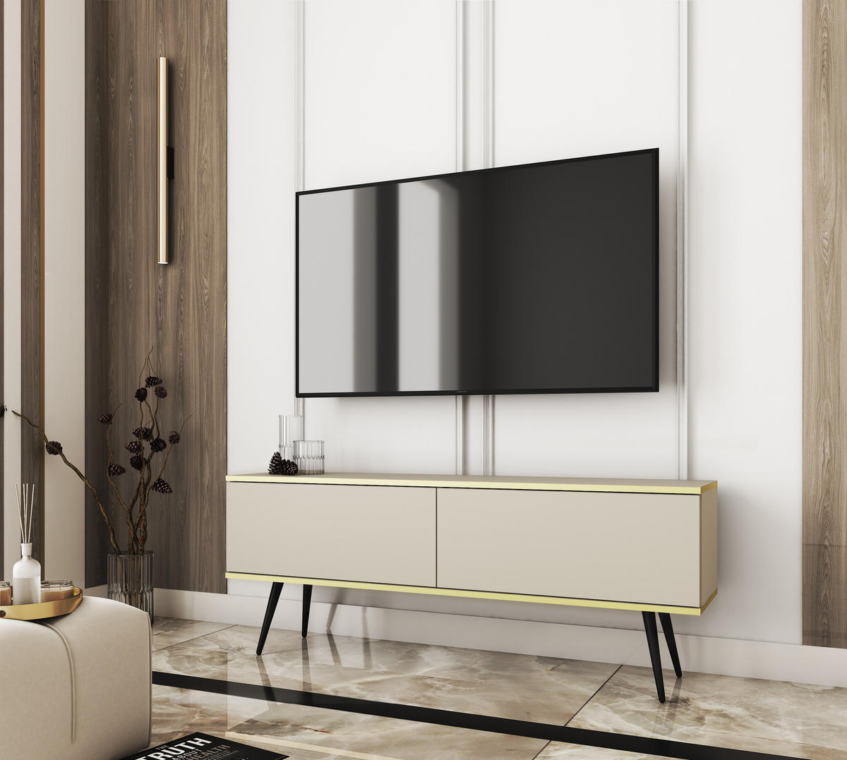 TV-LOWBOARD FORNO (Beige, Goldene Details, 2 Türen, schwarze Metallfüße, 135 cm) - Beige/Schwarz, Holz/Holzwerkstoff (135/53/32cm) - Ravio