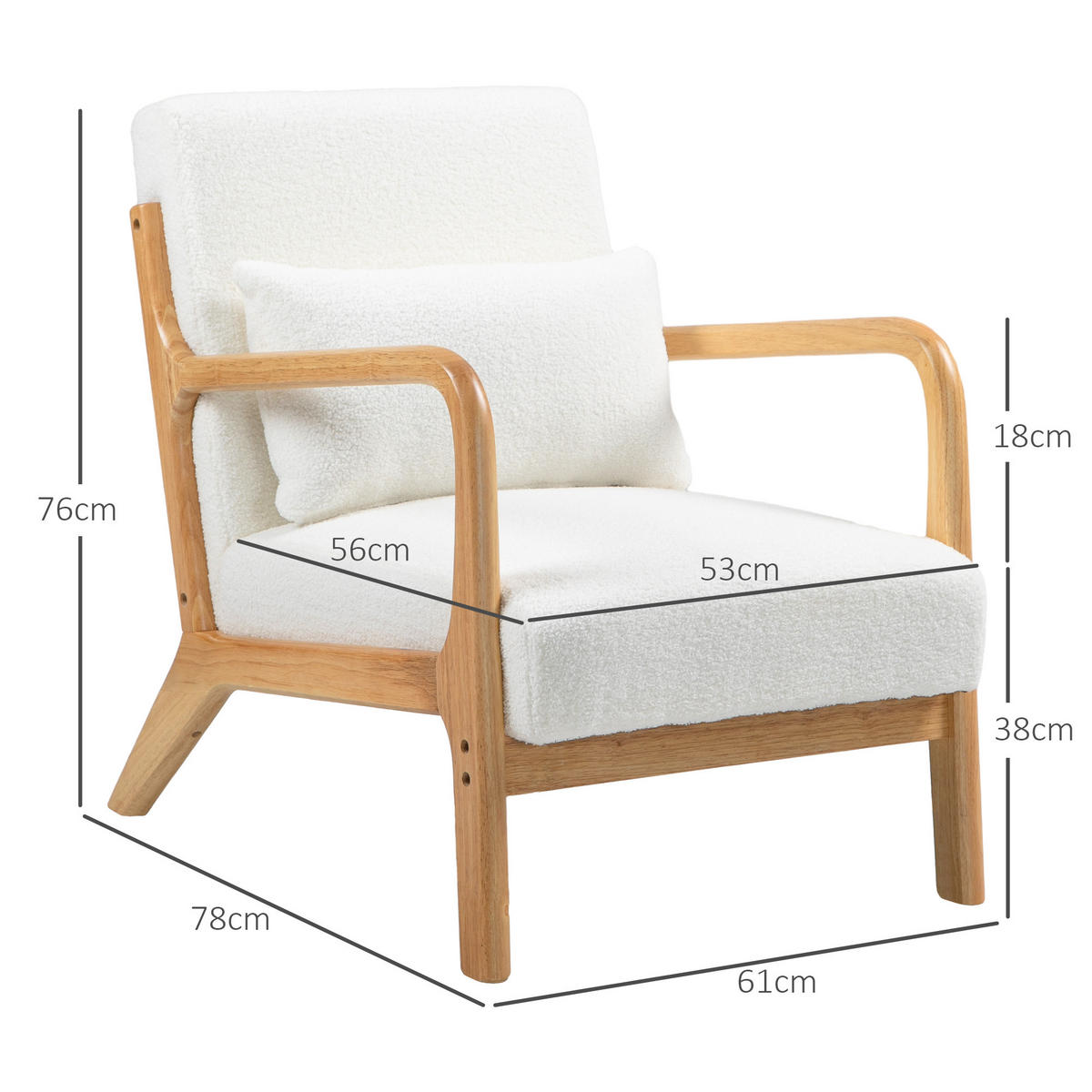 ARMLEHNSTUHL DE-13222 3 Kissen & tiefe Sitzfläche Creme - Creme, Holz (78/76/61cm) - ComfortXL