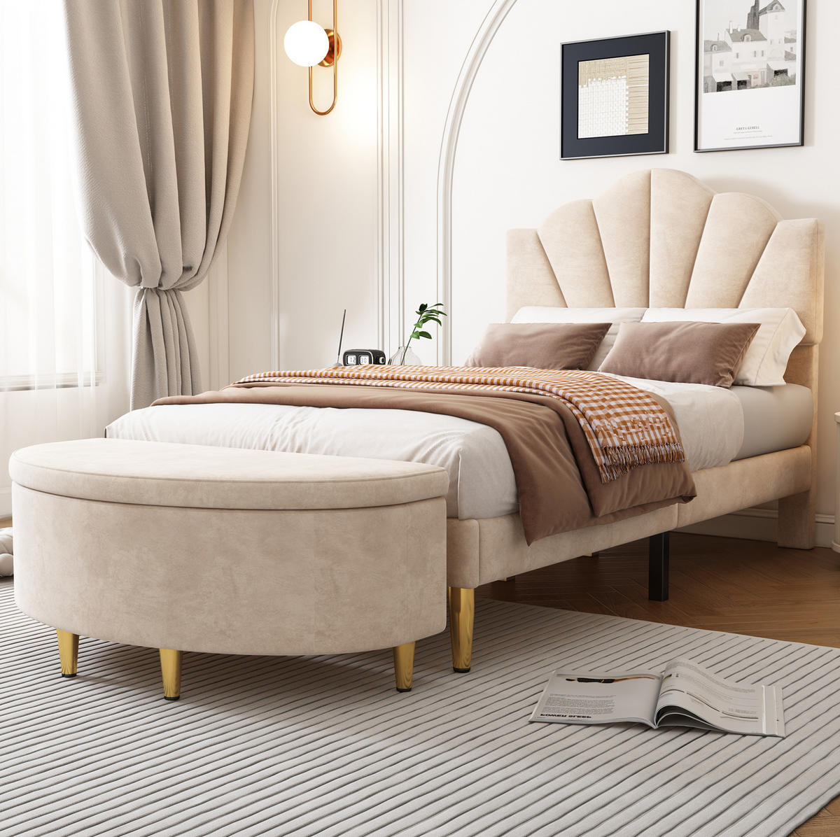 POLSTERBETT 90/200 cm Beige aus Samt mit Stauraumbank - Beige, Holzwerkstoff (90/200cm) - OKWISH