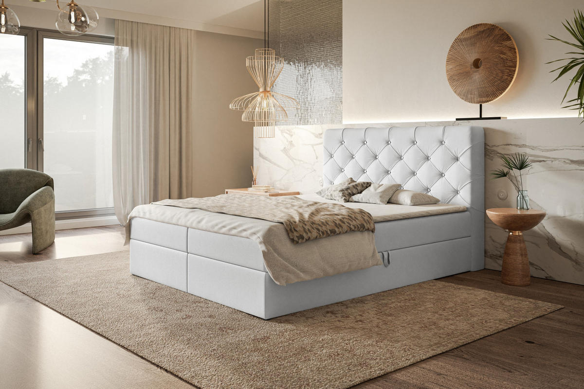 BOXBETT BOSTON mit 2 Bettkästen, 160x200, Farbe: Weiß, Kunstleder, Doppelbett mit Bonell-Matratze - Weiß, Holz/Kunststoff (160/200cm) - Alpi-Möbel