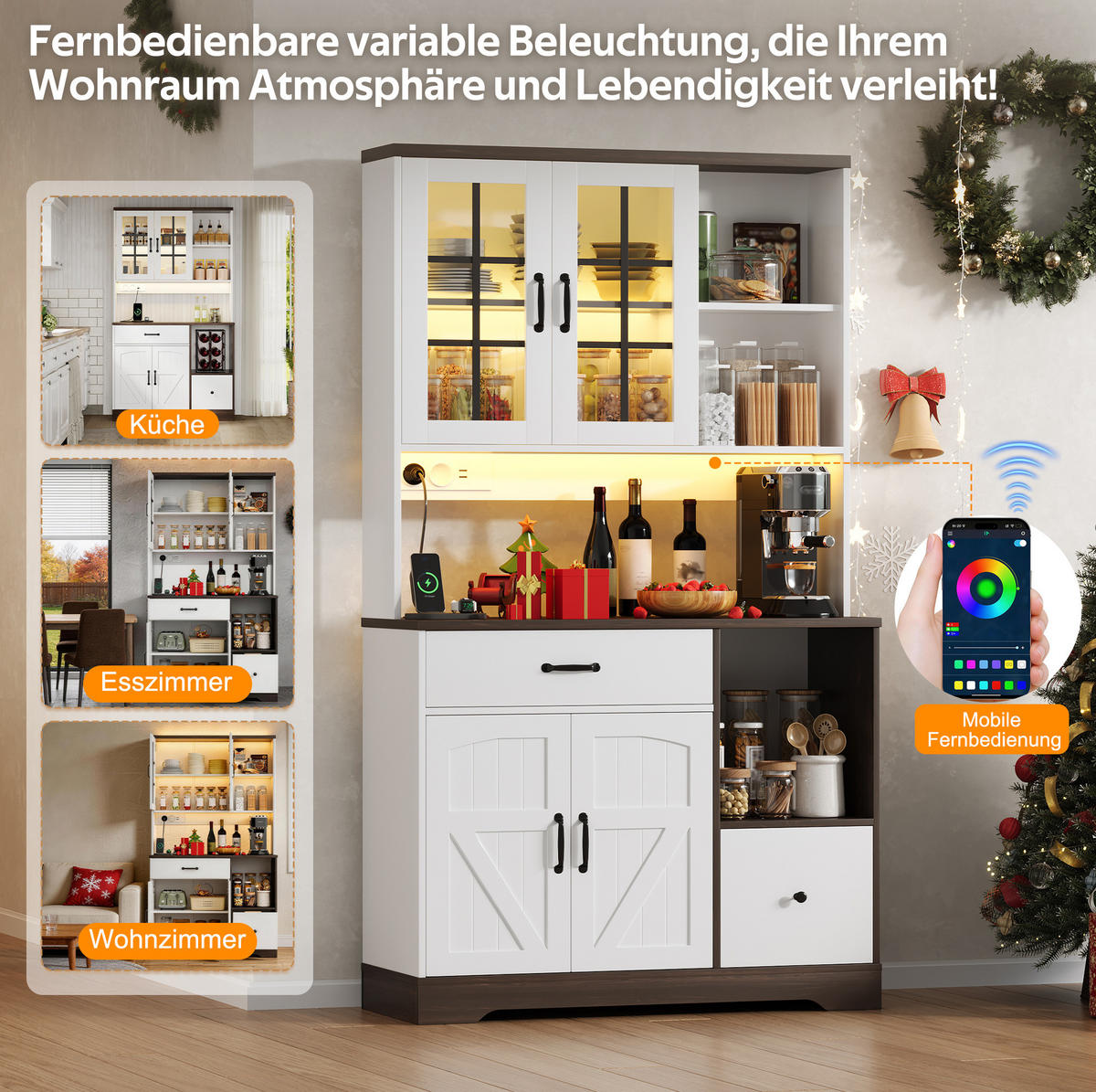 BUFFETSCHRANK aus MDF 105x40x185 cm Natur/Weiß mit LED-Beleuchtung, Steckdosenmodul und verstellbaren Einlegeböden - Naturfarben, Holzwerkstoff (105/185/40cm) - Modfu