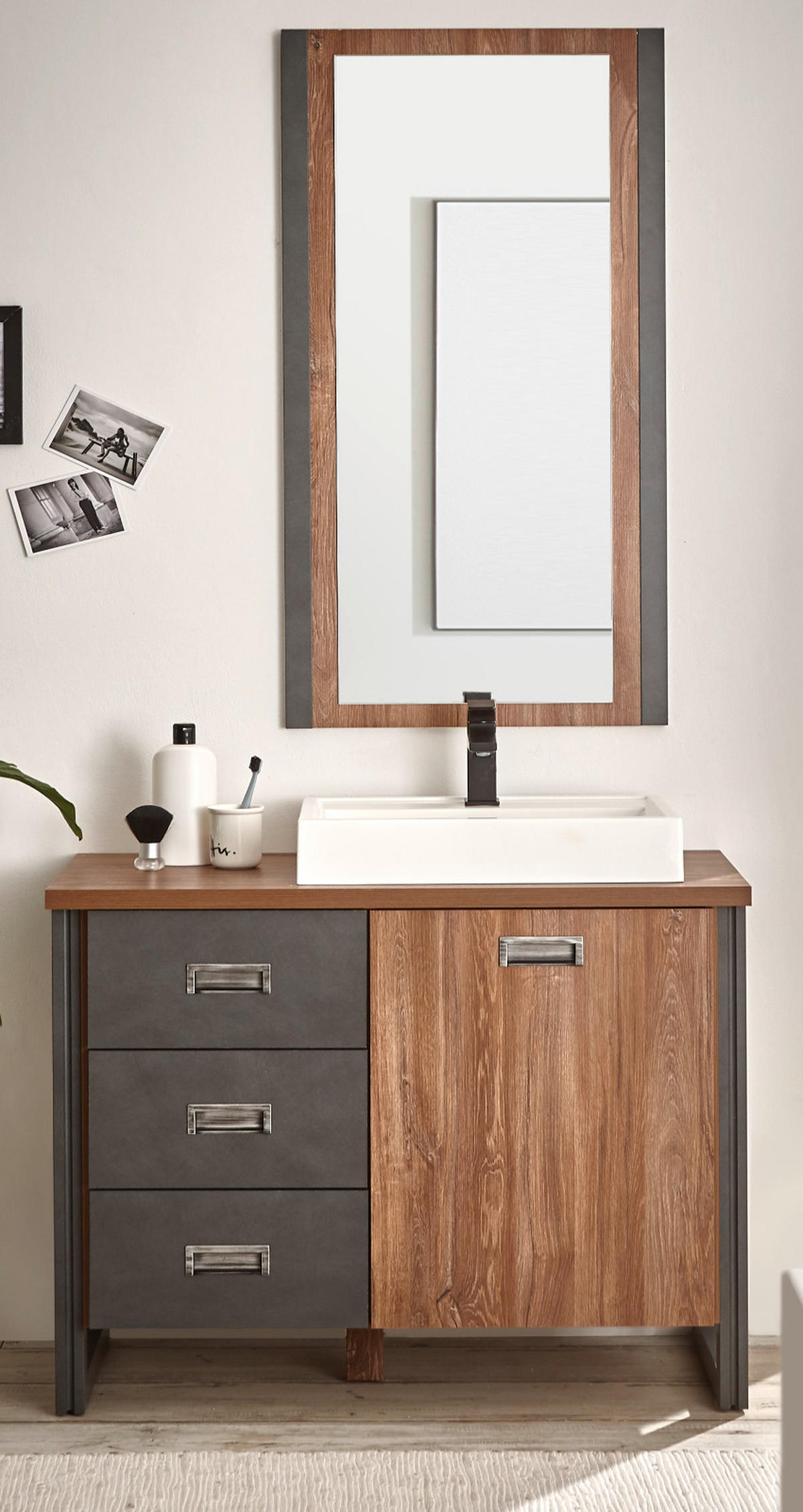 BADMÖBEL-SET 3-teilig Eiche Stirling, Matera grau, Badkombination MIT Waschbecken 91 x 205 cm - Eichefarben/Grau, Holzwerkstoff (91/205/40cm)