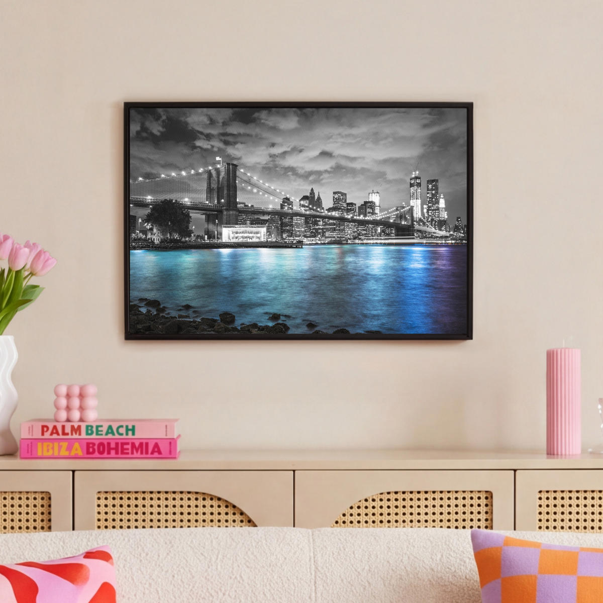 LEINWAND Bilder mit Rahmen - New York - Skyline - Stadt - Blau - 60x40 - Blaugrau, Textil (60/40cm) - MuchoWow