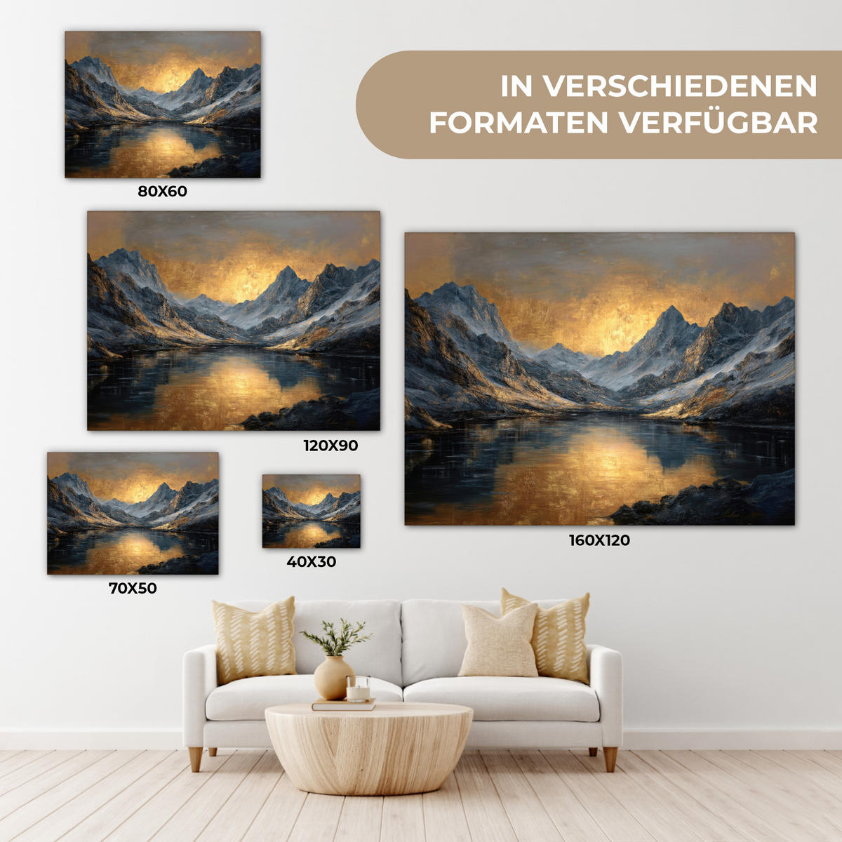 LEINWANDBILD Bergkulisse mit goldenem Sonnenuntergang Wandbild 40x30 cm - Goldfarben, Textil (40/30cm) - MuchoWow