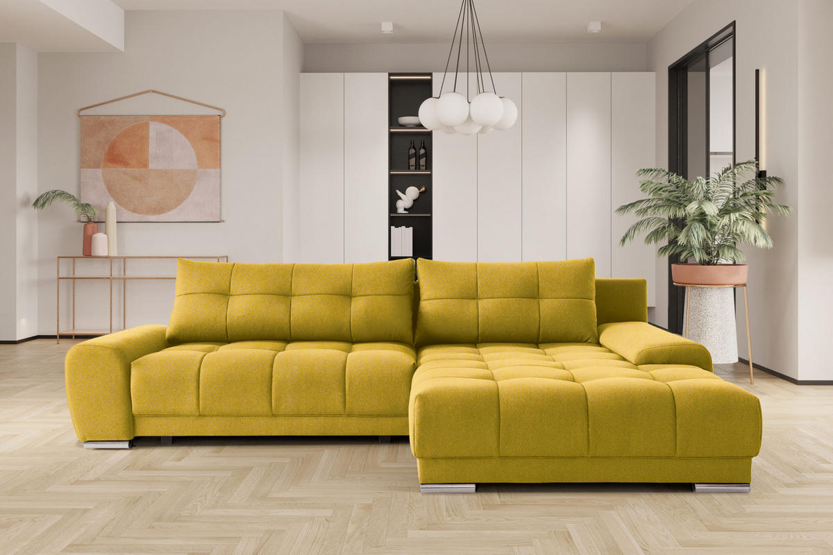 ECKSOFA WAVE Mit Schlaffunktion, Stoff SORO, Gelb Rechts - Gelb, Holz (281/105cm) - Kaiser Möbel