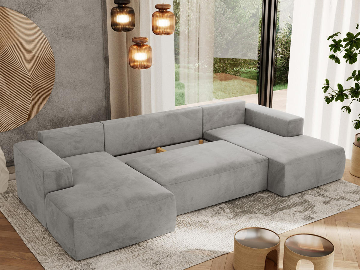WOHNLANDSCHAFT TRENTINO U Hellgrau Velvet - Hellgrau, Textil (334/91/163cm) - MKS