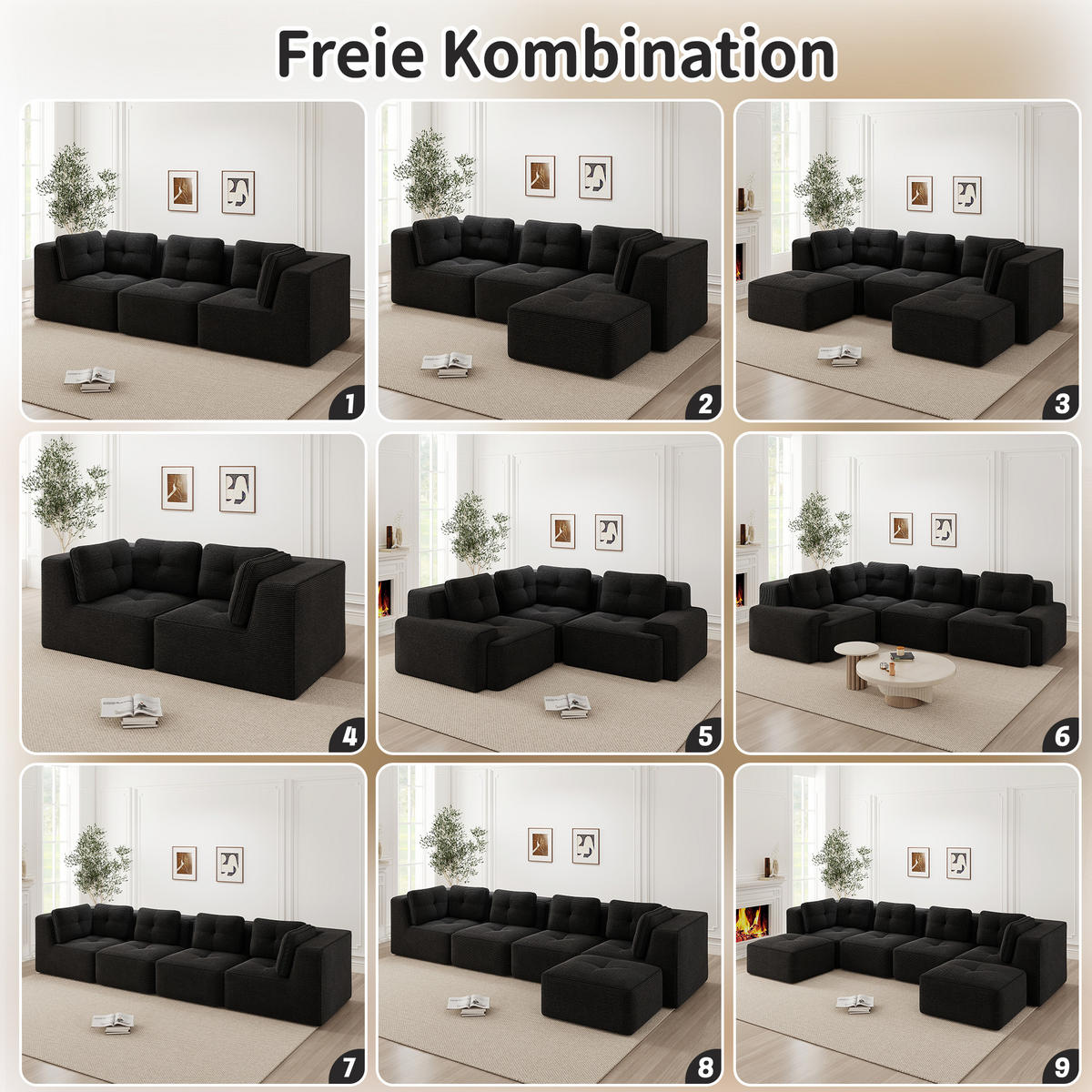 4-SITZER ECKSOFA Cord Schwarz mit Kissen und Hocker - Schwarz, Textil (386/177cm) - WISHDOR