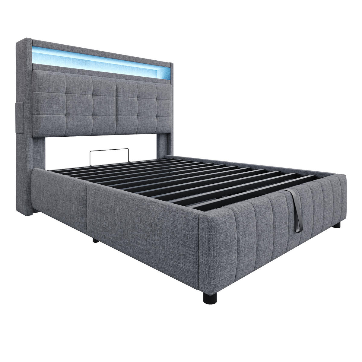 POLSTERBETT 140/200 cm grau mit LED-Beleuchtung und USB-Steckdose, Kopfteil mit Ablagen - Grau, Textil (140/200cm) - OKWISH