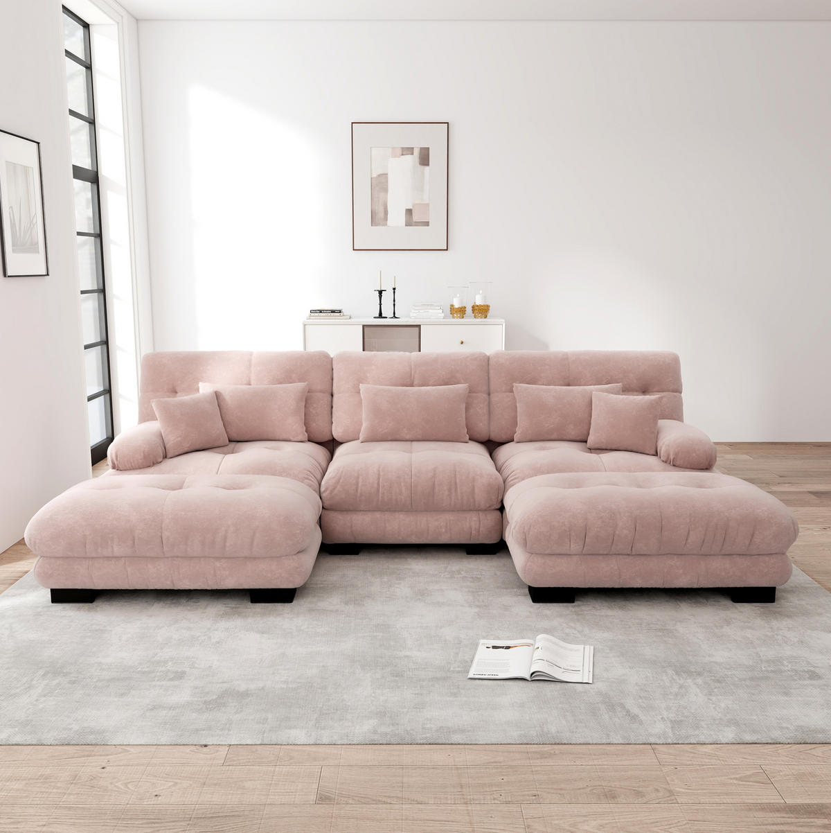 SOFA modular U- oder L-Form mit Ottomane Chenille Pink - Pink, Kunststoff (145/81/313cm) - Meubliv