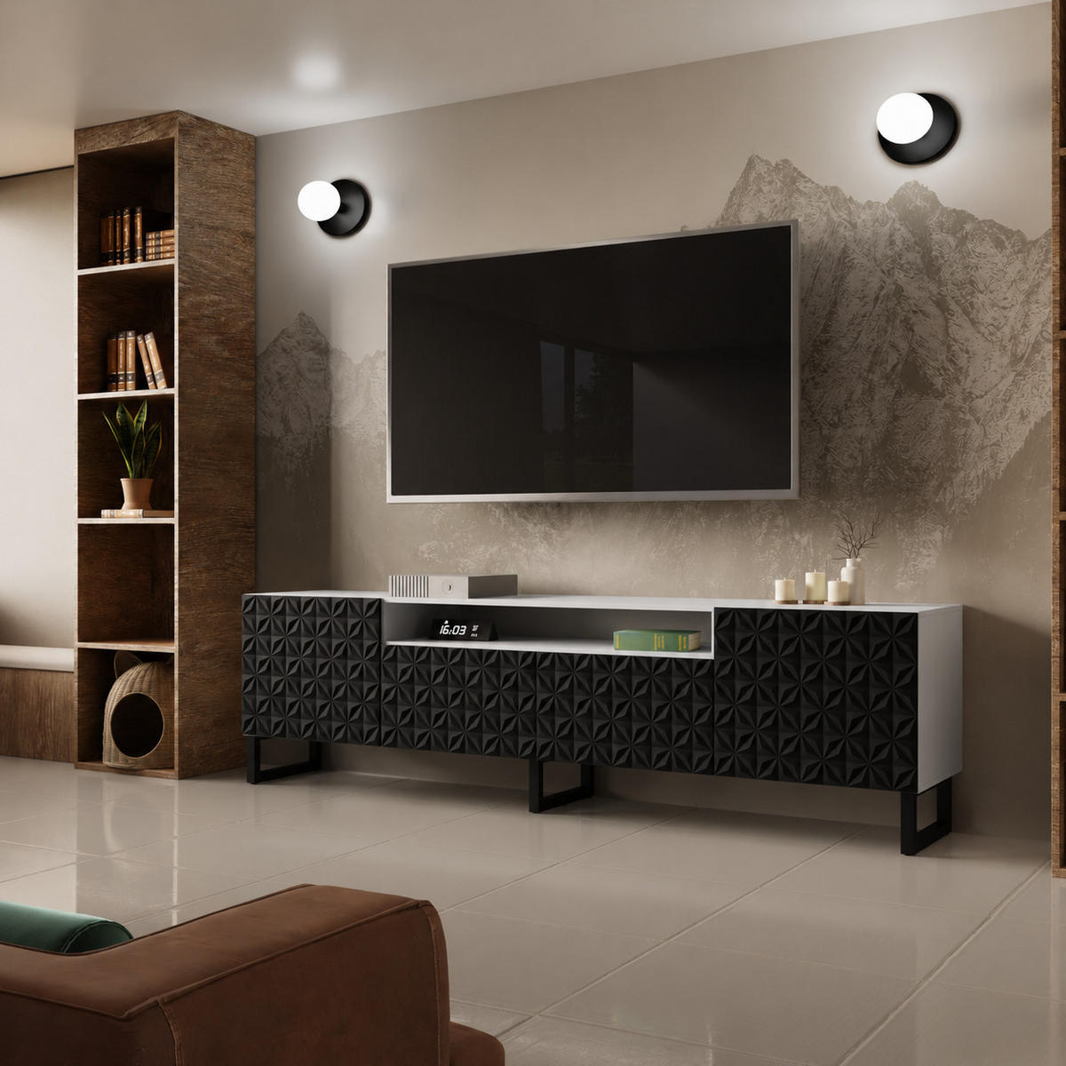 TV-SCHRANK Cali III 200 cm, dreitürig, weiß, schwarz - Schwarz/Weiß, Kunststoff (200/53/41cm) - Margaret Hadas24