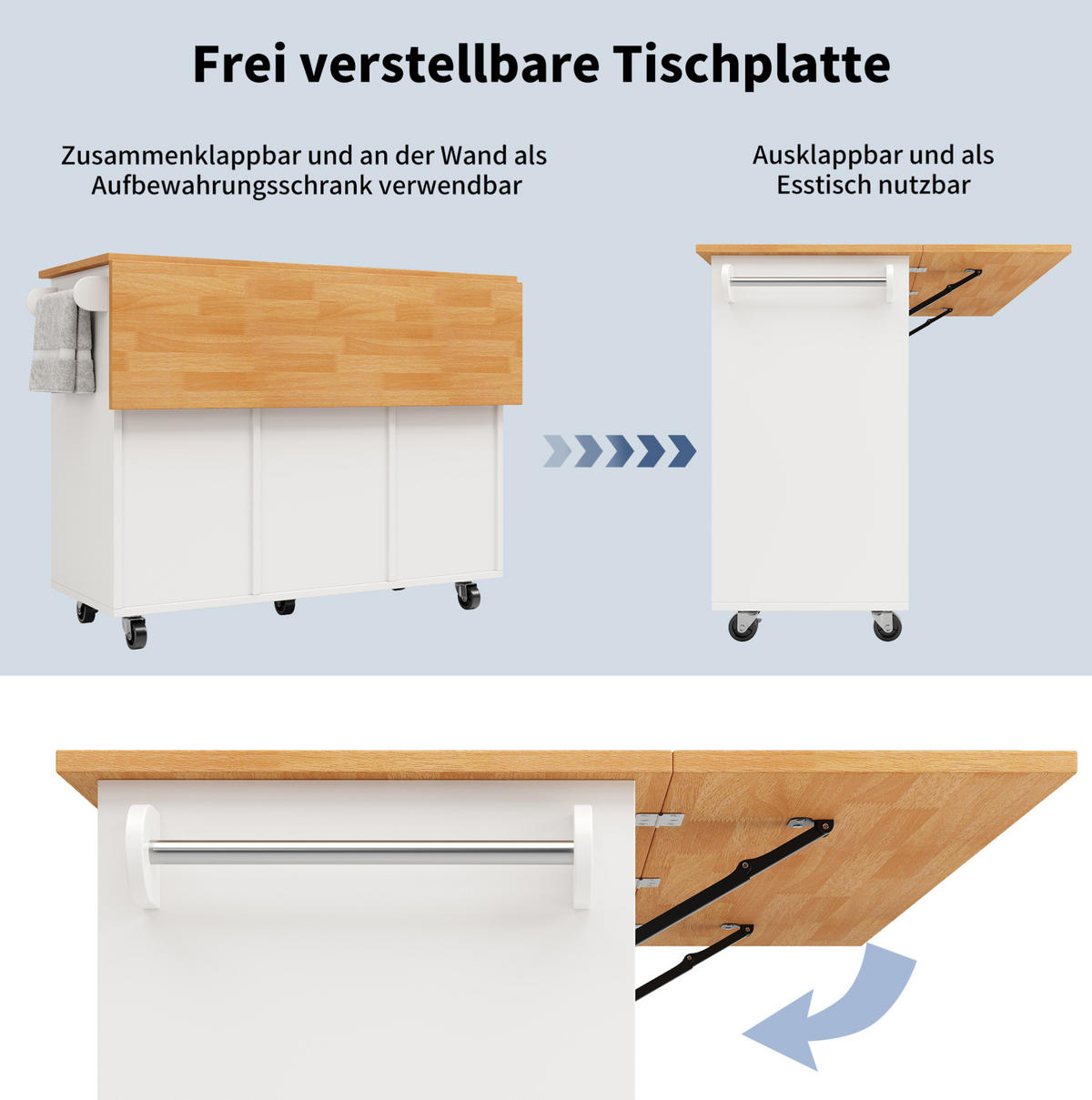 KÜCHENINSEL 122/46/91,5 cm weiß mit Klappplatte mit Gewürzregal und 8 Schubladen - Weiß, Holzwerkstoff (122/91.5/74.5cm) - OKWISH