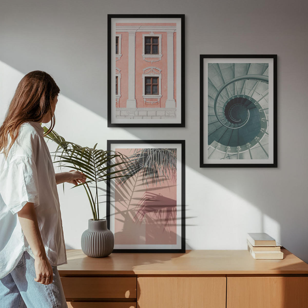BILDER SET 3er Set - 40x60 cm Schwarzer Rahmen - Pastellfarbene Spiralarchitektur - Schwarz, Kunststoff (40/60cm) - TULUP