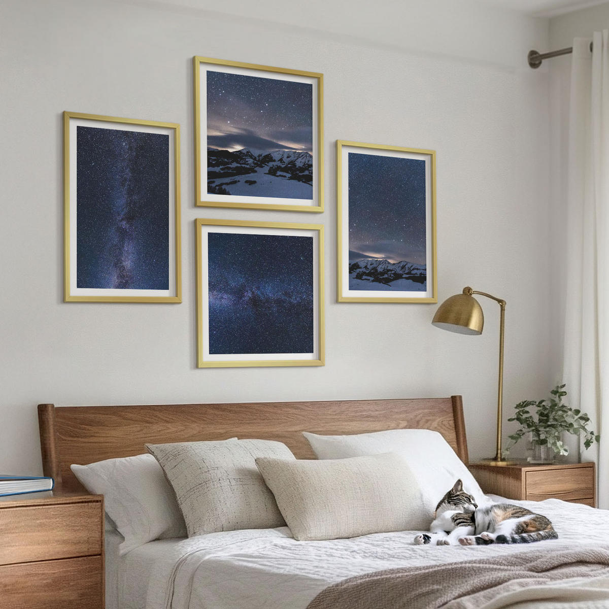 BILDER SET 4er Set - 50x50 cm & 40x60 cm Goldrahmen - Nachthimmel, Berge, Sterne - Goldfarben, Kunststoff (50/50cm) - TULUP