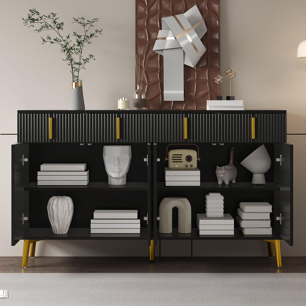 SIDEBOARD in Schwarz Anrichte mit Türen und Schubladen für Wohnzimmer und Schlafzimmer, B140/T38/H82 cm - Goldfarben/Schwarz, Holzwerkstoff/Metall (140/82/38cm) - STILVORA