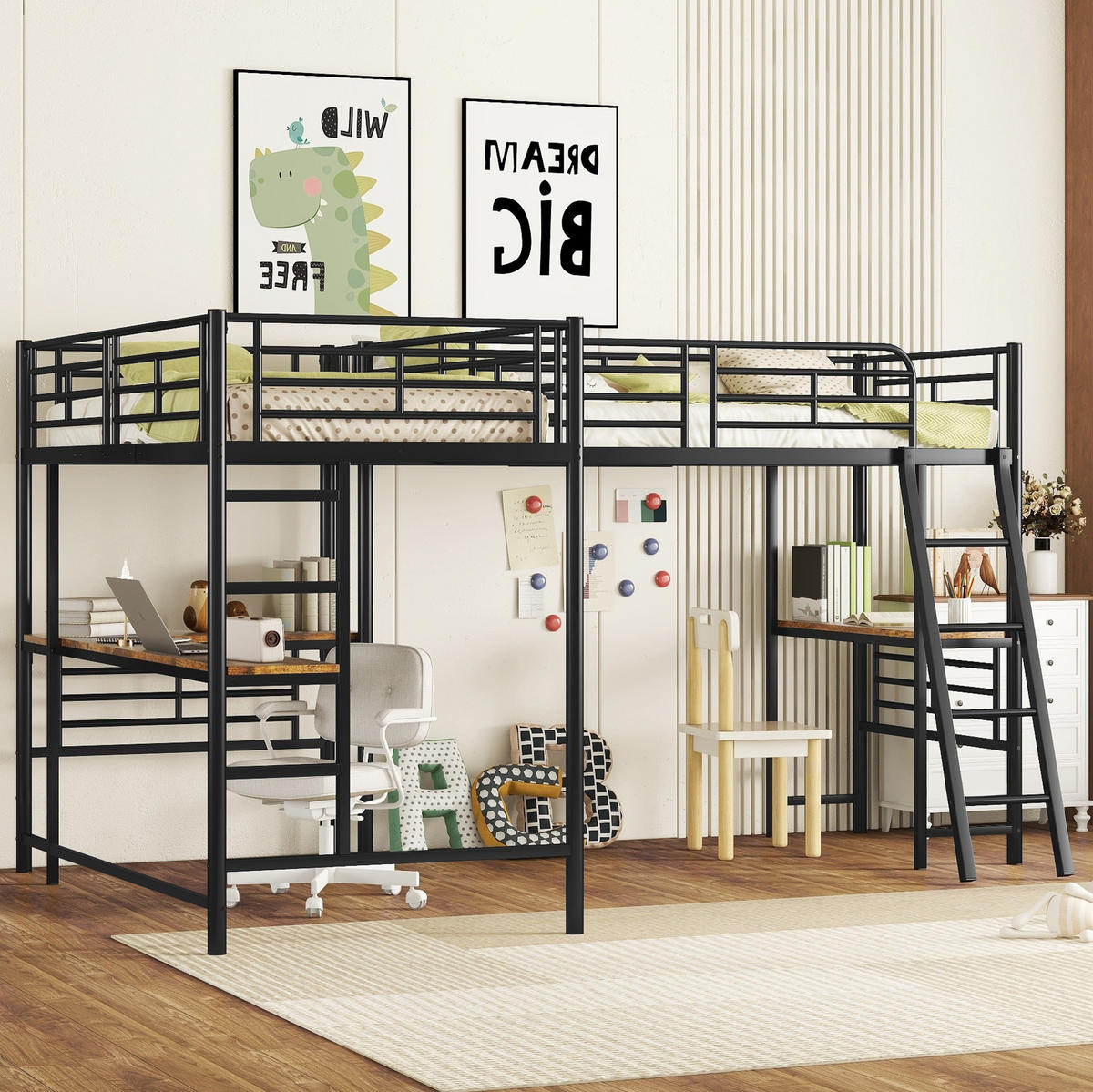 HOCHBETT 90/200 cm in Schwarz – mit Schreibtisch, hohem Rausfallschutz und Treppe - Schwarz, Metall (90/200cm) - BEAOK