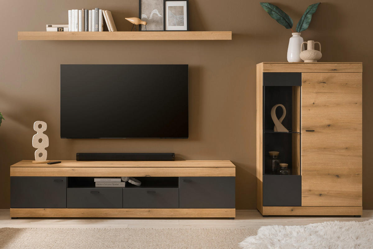WOHNWAND Eiche, grau 300 cm 3-teilig, Schrankwand mit Soft-Close - Kaschmir/Eichefarben, Glas/Holzwerkstoff (300/170/45cm) - Furn.Design