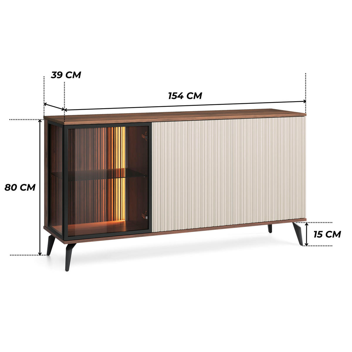 SIDEBOARD YUKO K154 154 cm (Warmia Nussbaum, Kaschmir, Glas, LED Inklusive) - Kaschmir/Walnussfarben, Glas/Holz (154/80/39cm) - Ravio