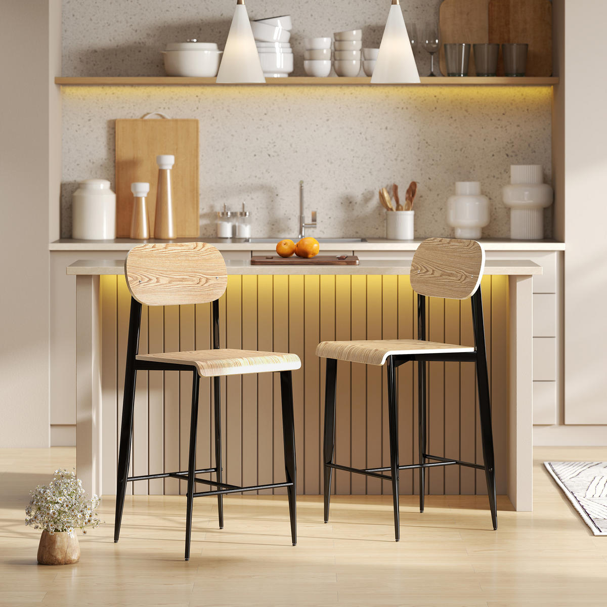 BARHOCKER 2er Set, Barstuhl mit Metallgestell, Küchenstuhl mit Sitzhöhe 66 cm - Naturfarben, Metall (43/103/55cm) - HOMCOM
