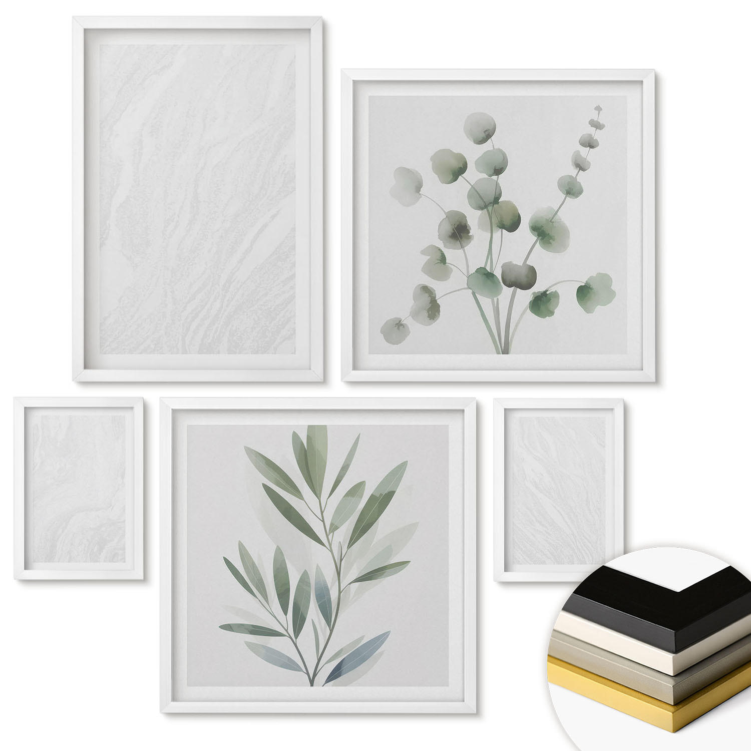 WANDBILDER 5er-Set - 50x50 cm & 20x30 cm & 40x60 cm Weißer Rahmen - Marmorstruktur, pastellfarbene Zweige - Weiß, Kunststoff (40/60cm) - ArtPrintCave