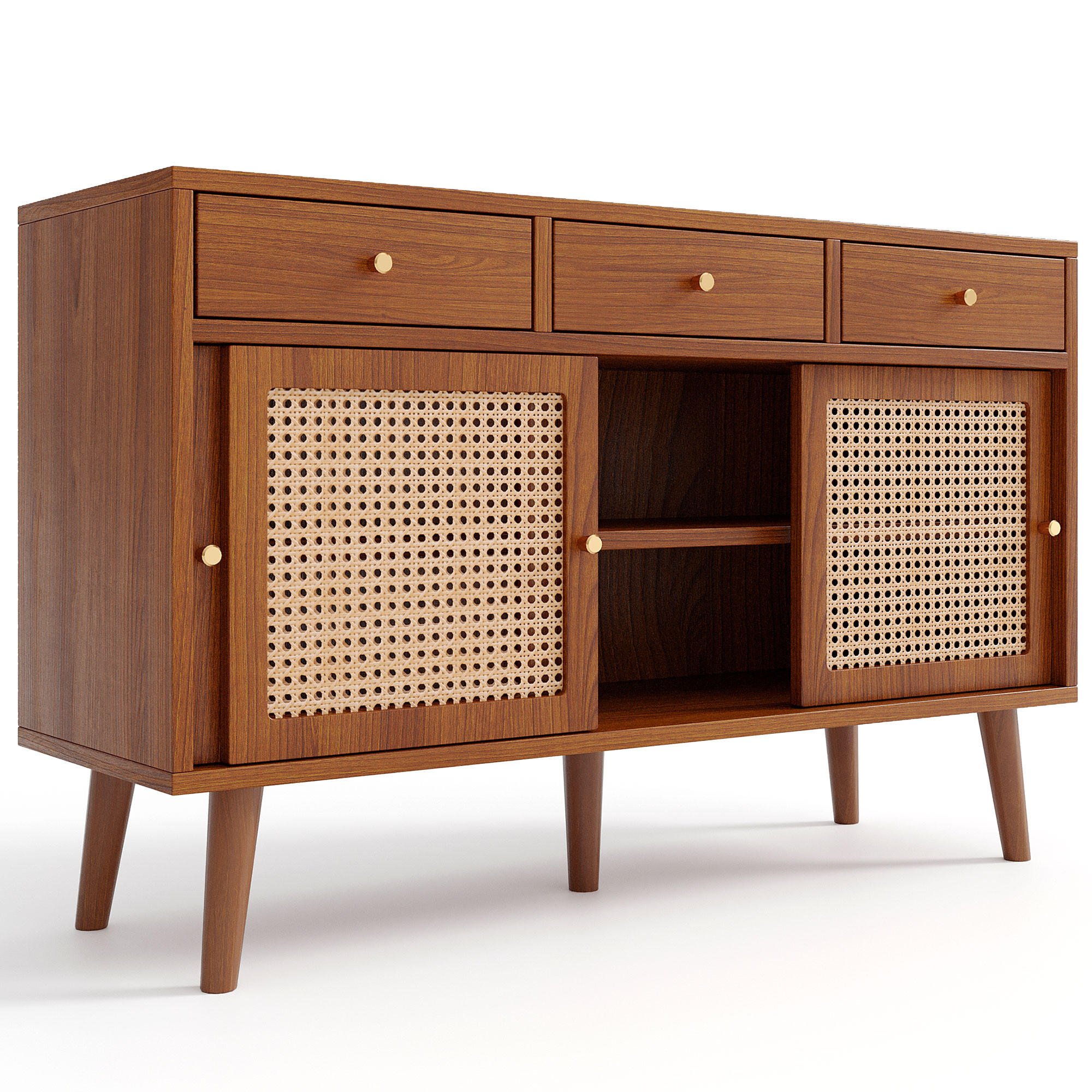 SIDEBOARD mit 3 Schubladen, 3 Türen und Rattangeflecht-Front - Walnussfarben, Holz/Holzwerkstoff (120/78/40cm) - EVRYAE