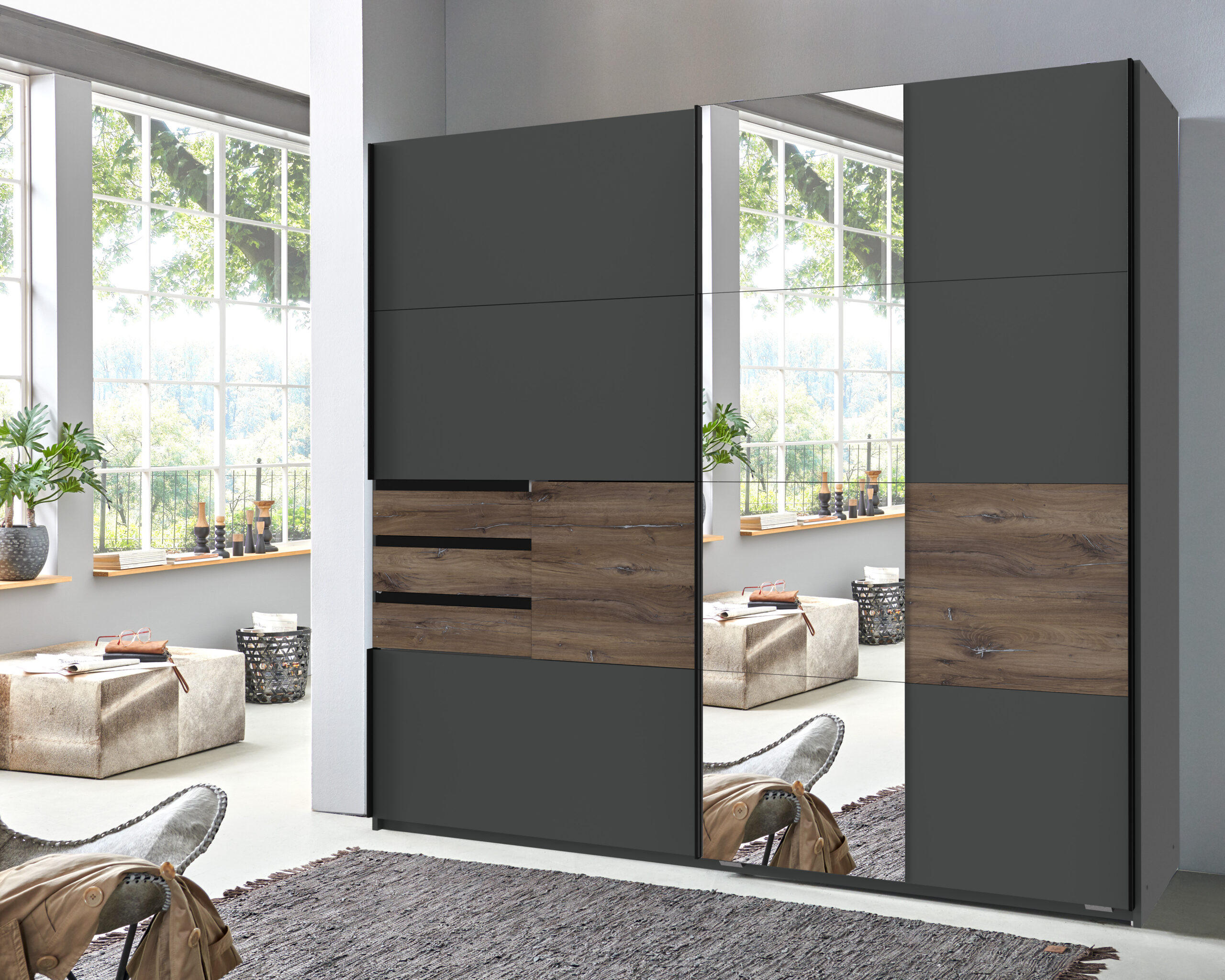 SCHWEBETÜRENSCHRANK Bamberg in Grafit mit Eiche Flagstaff 180 x 198 x 65 cm BxHxT – Kleiderschrank mit Spiegel - Grau, Holzwerkstoff (80/200/120cm)