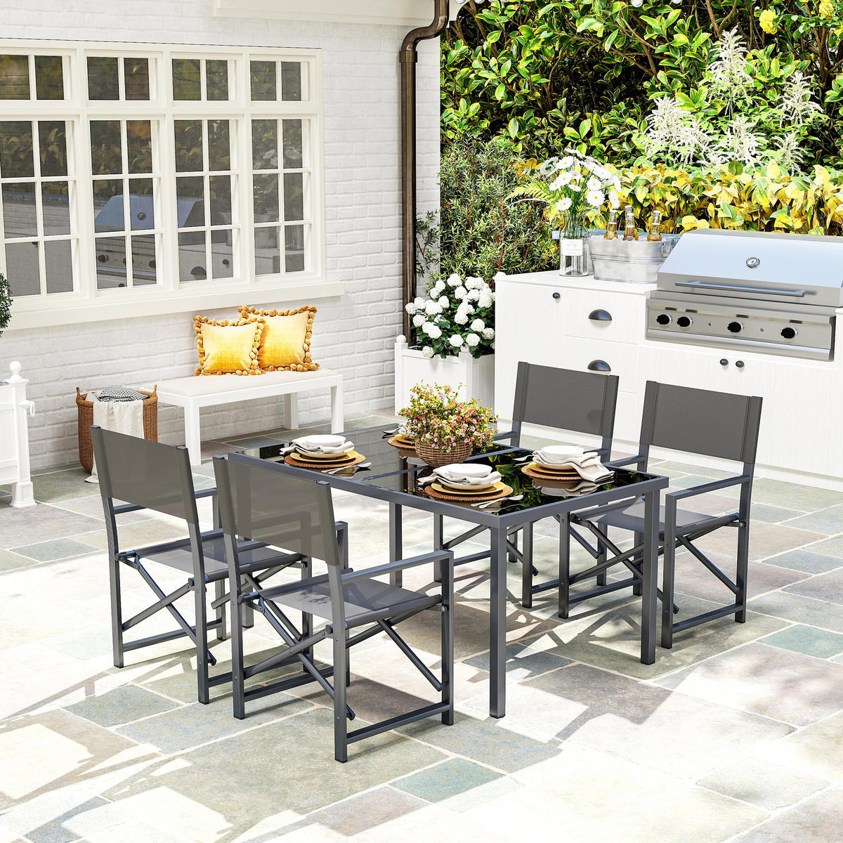 SITZGRUPPE 5-teilig DE-09823 mit Glastisch und klappbaren Stühlen Grau - Grau, Metall - ComfortXL