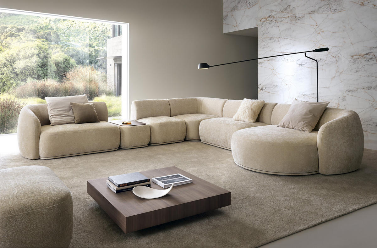 ECKSOFA Nobis Beige, Modulares Sofa mit abgerundeter Seite und Dreieckspouffe, linke seite - Beige, Holzwerkstoff/Textil (357/147cm) - Bettso