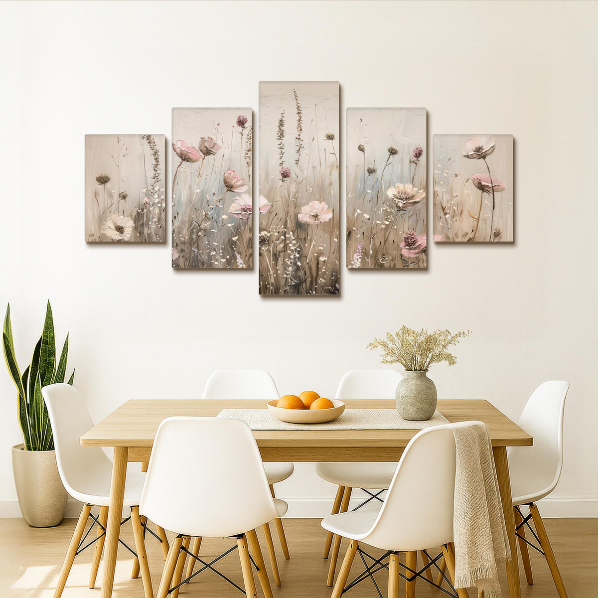 LEINWANDBILD 5er Set Blumen - Beige - Modern - Rosa 150x80 cm - Ecru, Textil (150/80cm) - MuchoWow