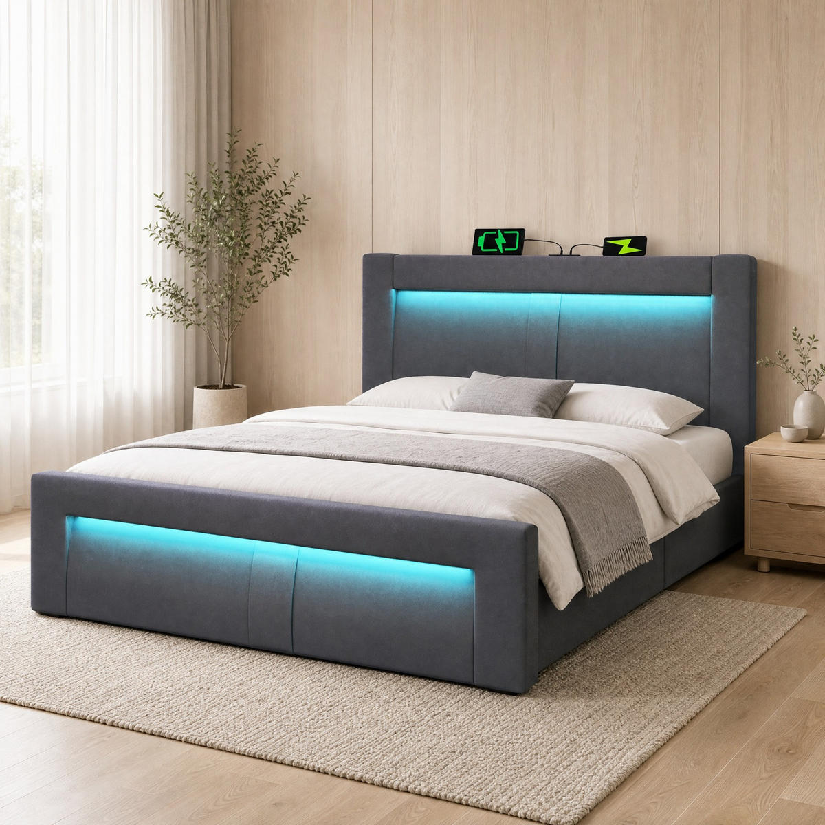 POLSTERBETT 140/200 mit Stauraum, LED-Beleuchtung, USB und Type-C in Grau - Grau, Holzwerkstoff/Textil (140/200cm) - EVRYAE
