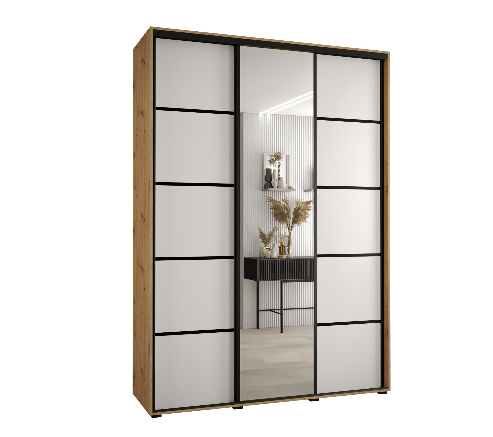 Abiks Möbel Schwebetürenschrank Eiche Artisan, Weiß, Schwarz 170x235x45 cm