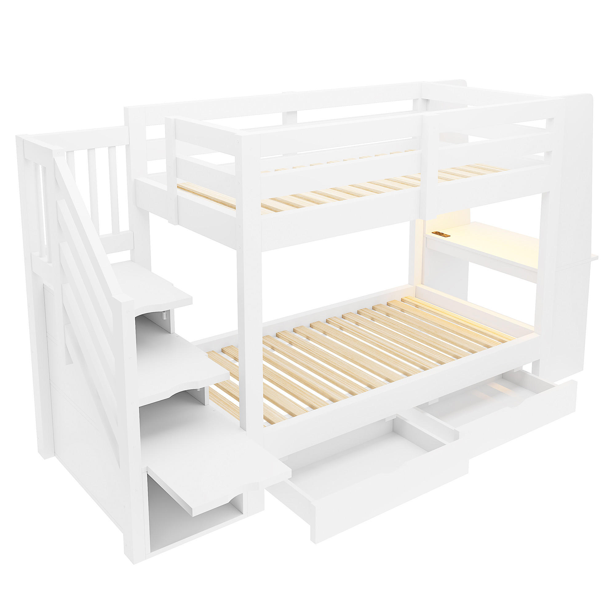 ETAGENBETT 90/200 cm mit Schreibtisch und LED, DE-41592, in Weiß - Weiß, Holzwerkstoff (90/200cm) - ComfortXL