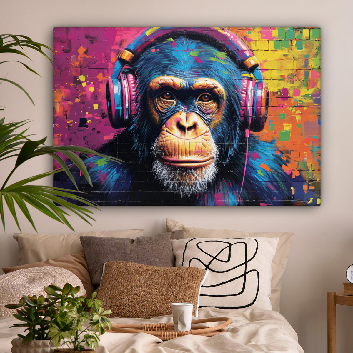 LEINWANDBILD Graffiti - Schimpanse - Straßenkunst - Kopfhörer - Affe Wohnzimmer Groß 120x80 cm - Blau, Textil (120/80cm) - MuchoWow
