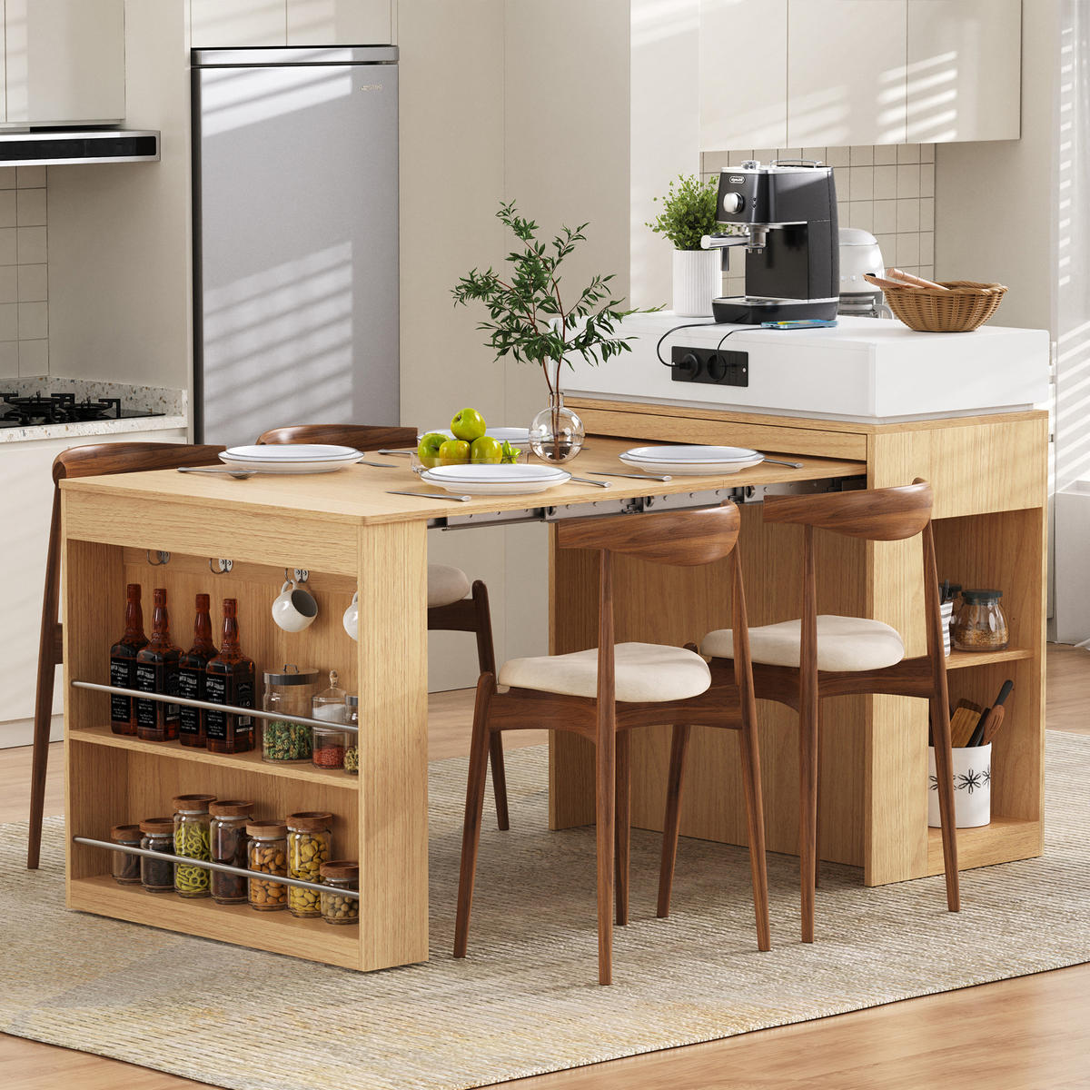 KÜCHENINSEL aus MDF+Glas 83x46-146,5x96 cm Natur mit Ausziehtisch & Steckdosen - Naturfarben, Holzwerkstoff (146.5/96/83cm) - Modfu